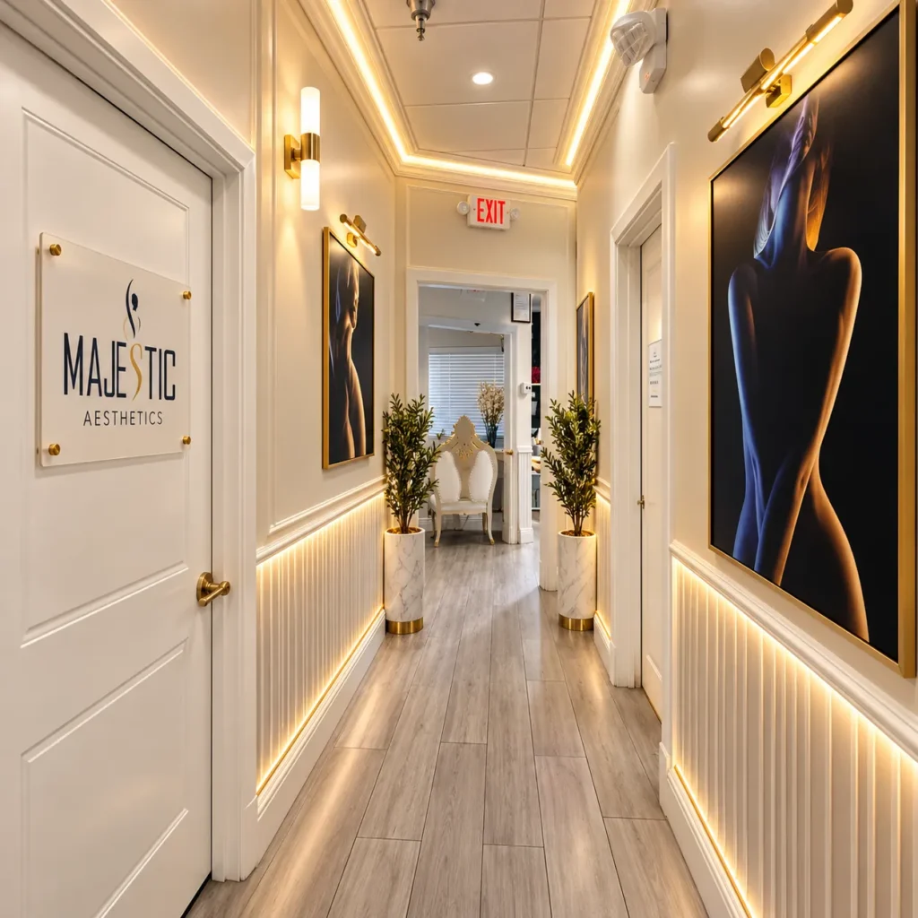 Headache IV Therapy: What to Know Before You Book 5 Bright hallway inside Majestic Aesthetics in Greenacres with the office name on a white door
