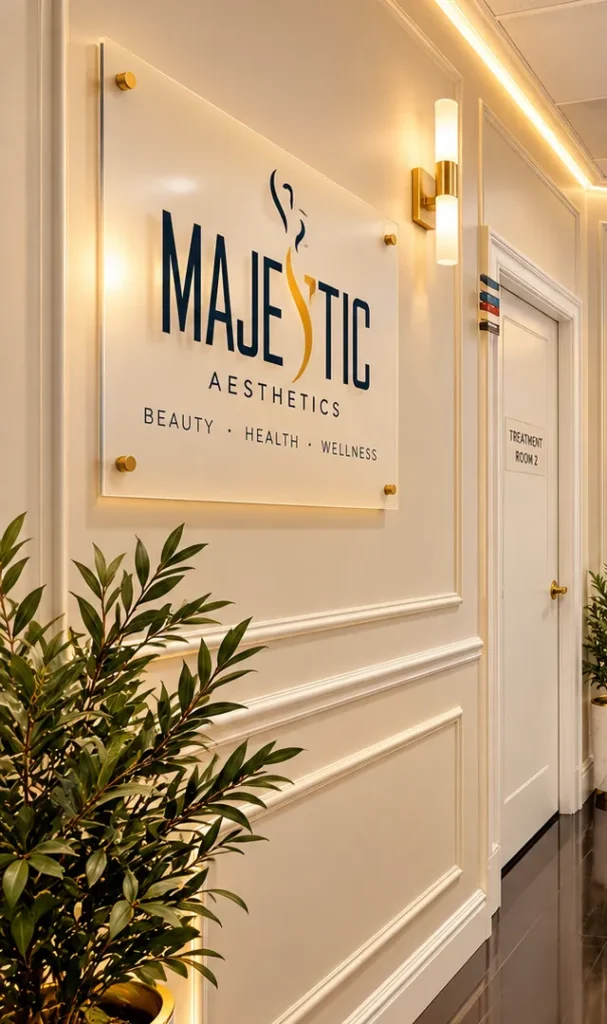Choosing an IV Therapy Provider in Palm Beach County: 10 Questions to Ask 4 Majestic Aesthetics wall sign reading Beauty, Health, Wellness beside a treatment room door