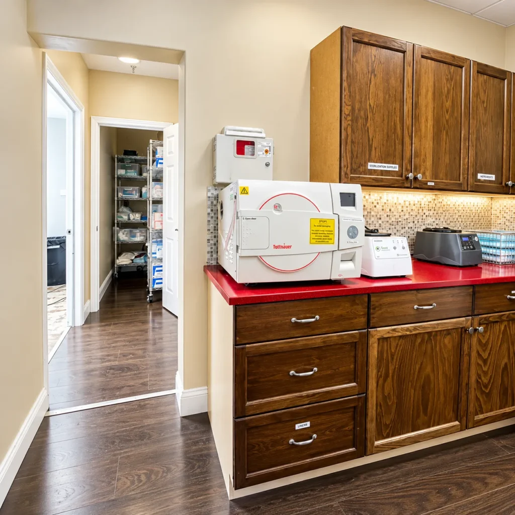 Where Does Your IV Bag Come From? Pharmacy Sourcing, Explained for Greenacres Patients 3 Sterilization room with an autoclave on a red counter at Majestic Aesthetics in Greenacres