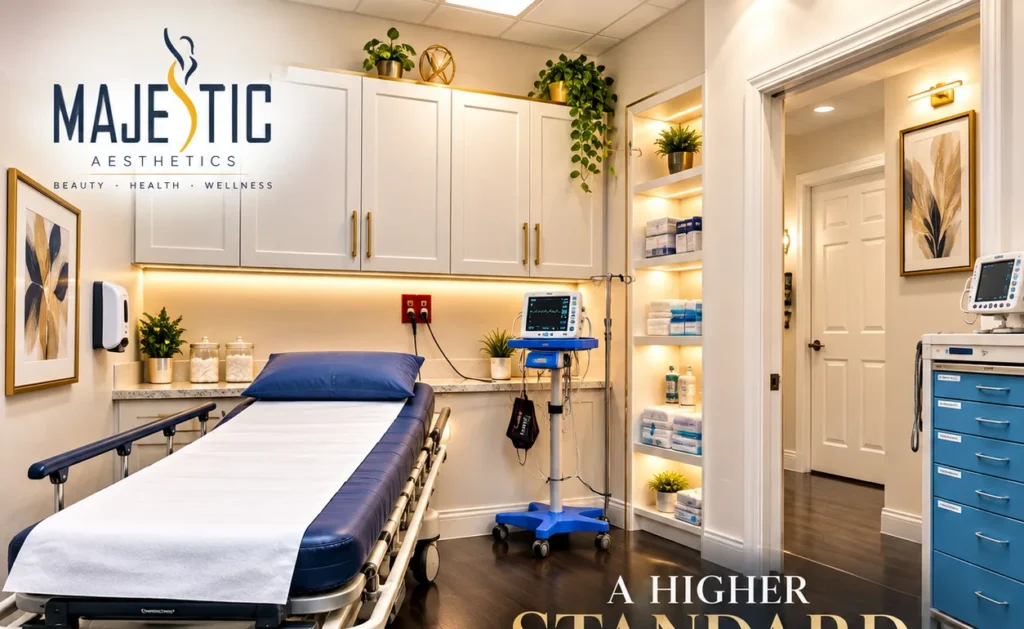 Saline vs Lactated Ringer's: What's in the Bag of a Hydration Drip 2 Treatment room with a stretcher and monitor at the Majestic Aesthetics office
